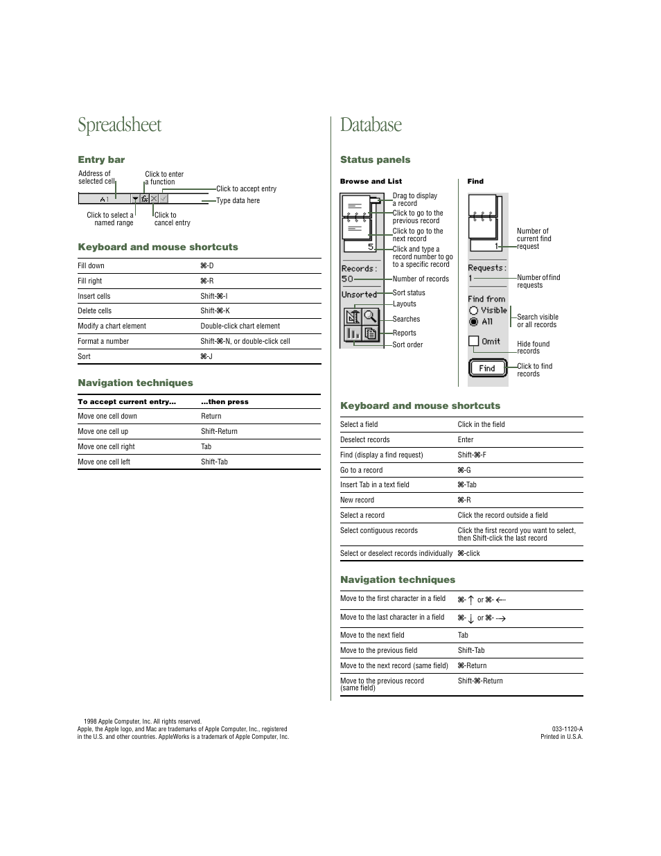 Spreadsheet, Entry bar, Keyboard and mouse shortcuts | Navigation techniques, Database, Status panels | Apple AppleWorks 5 : Mac OS User Manual | Page 4 / 4