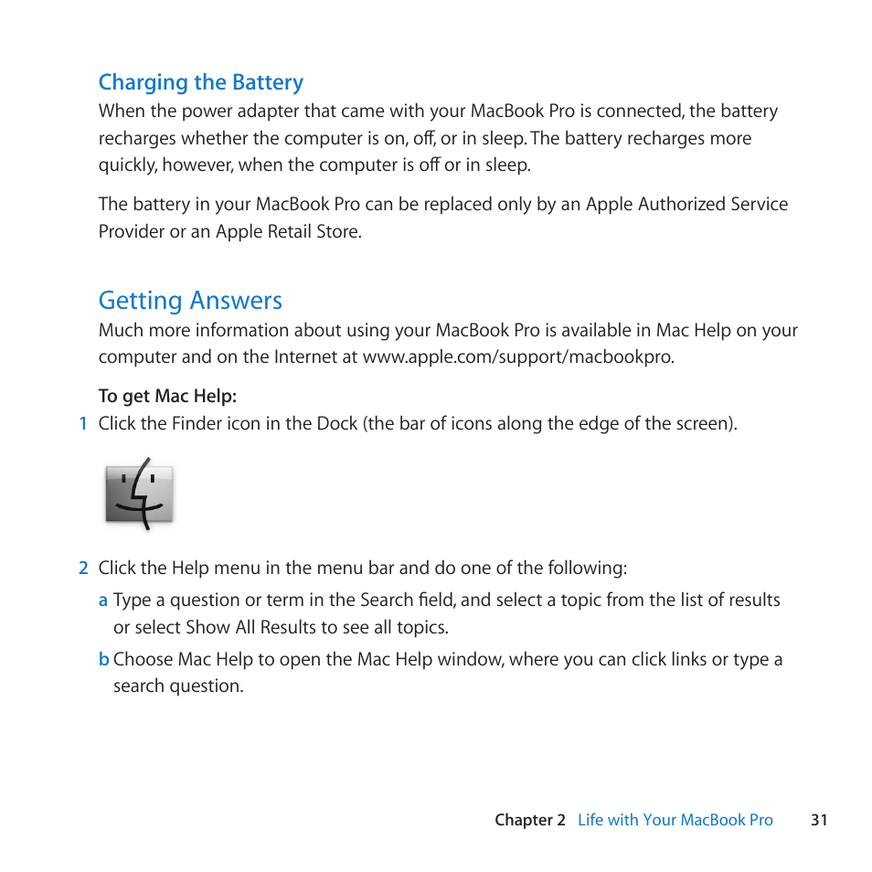 Getting answers, 31 getting answers, Charging the battery | Apple MacBook Pro (13-inch, Mid 2010) User Manual | Page 31 / 88