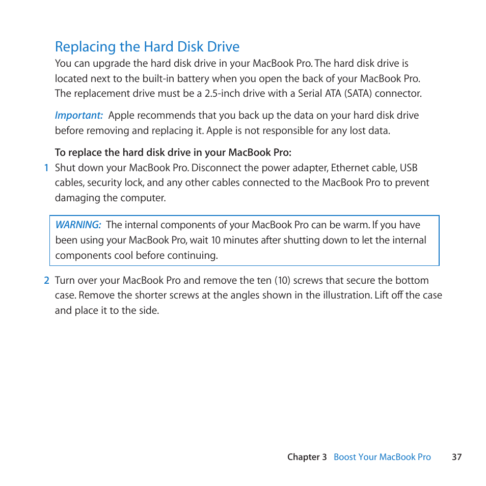 Replacing the hard disk drive, 37 replacing the hard disk drive | Apple MacBook Pro (13-inch, Mid 2010) User Manual | Page 37 / 88