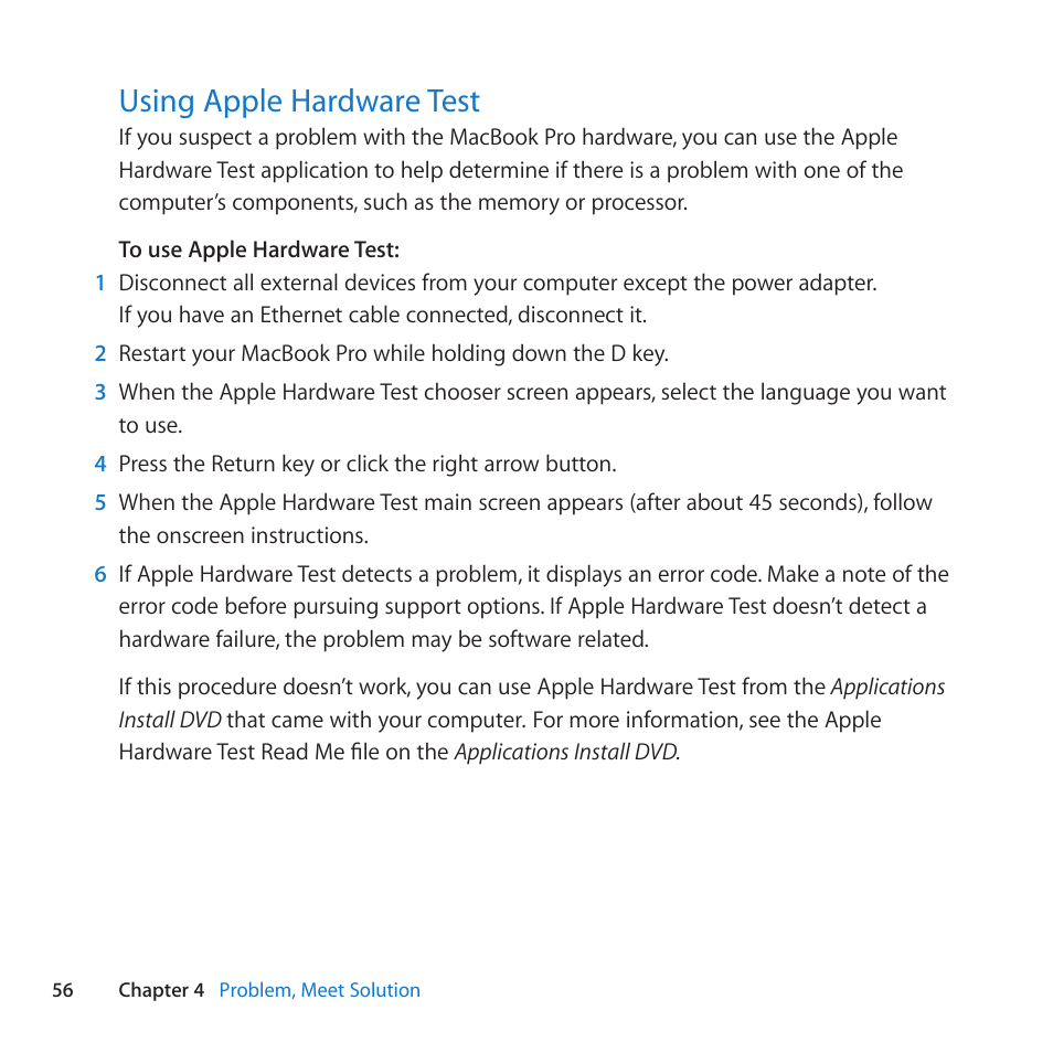 Using apple hardware test, 56 using apple hardware test | Apple MacBook Pro (13-inch, Mid 2010) User Manual | Page 56 / 88