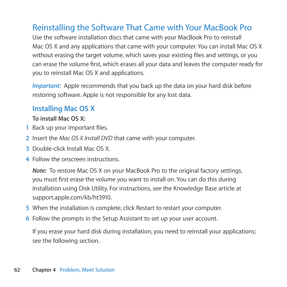 Installing mac os x | Apple MacBook Pro (13-inch, Mid 2010) User Manual | Page 62 / 88