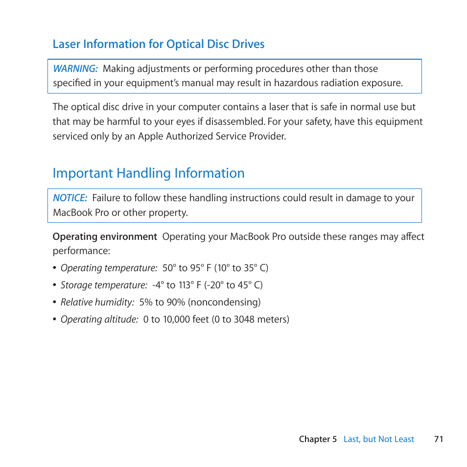 Important handling information, 71 important handling information | Apple MacBook Pro (13-inch, Mid 2010) User Manual | Page 71 / 88