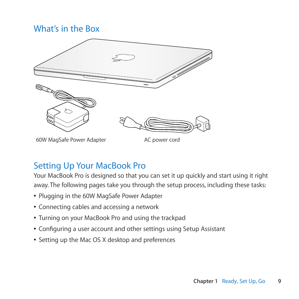 What’s in the box, Setting up your macbook pro, 9 what’s in the box | 9 setting up your macbook pro | Apple MacBook Pro (13-inch, Mid 2010) User Manual | Page 9 / 88