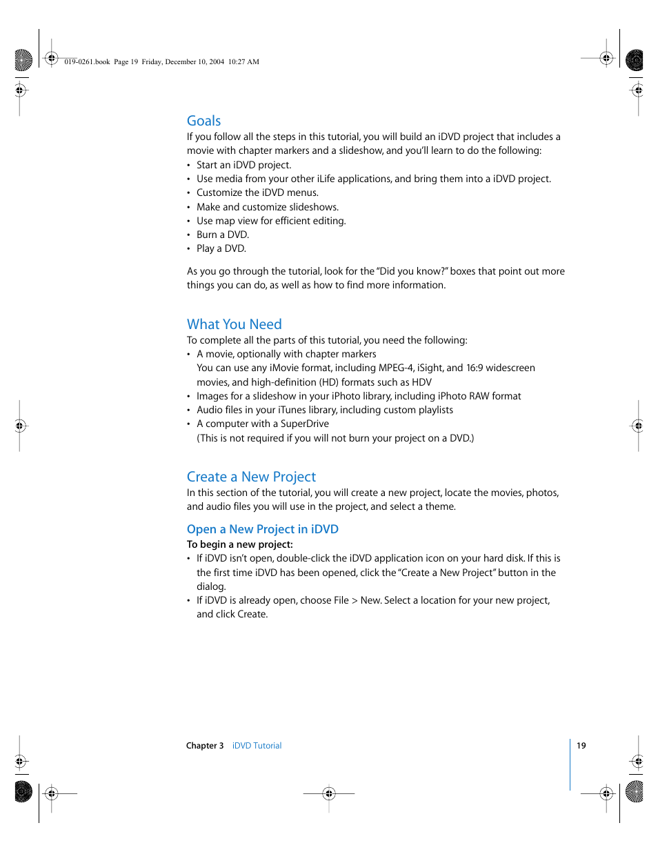 Goals, What you need, Create a new project | Open a new project in idvd | Apple iDVD 5 User Manual | Page 19 / 38