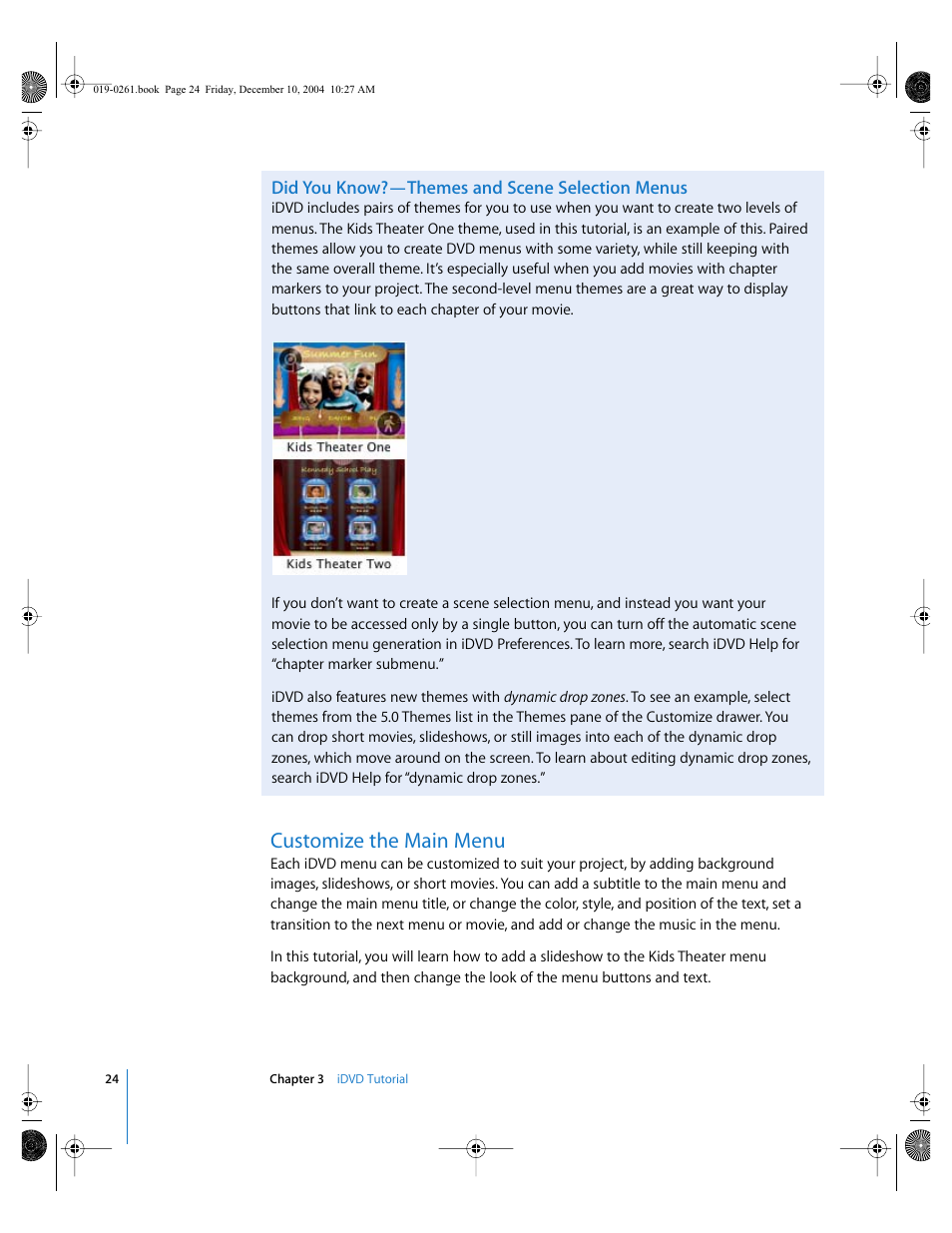 Did you know?—themes and scene selection menus, Customize the main menu | Apple iDVD 5 User Manual | Page 24 / 38