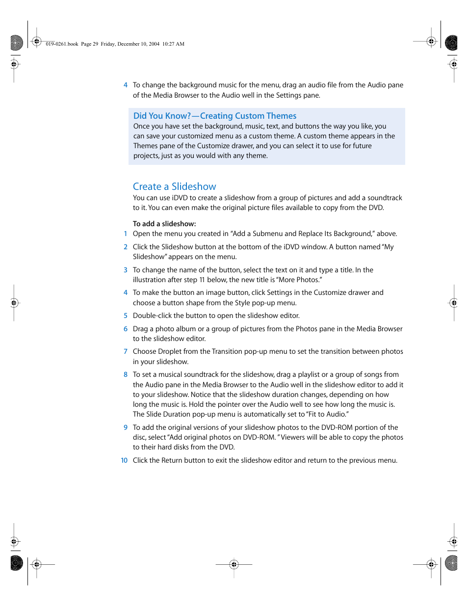Did you know?—creating custom themes, Create a slideshow | Apple iDVD 5 User Manual | Page 29 / 38