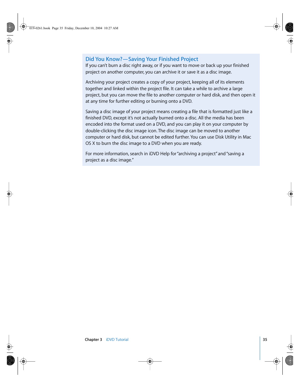 Did you know?—saving your finished project | Apple iDVD 5 User Manual | Page 35 / 38