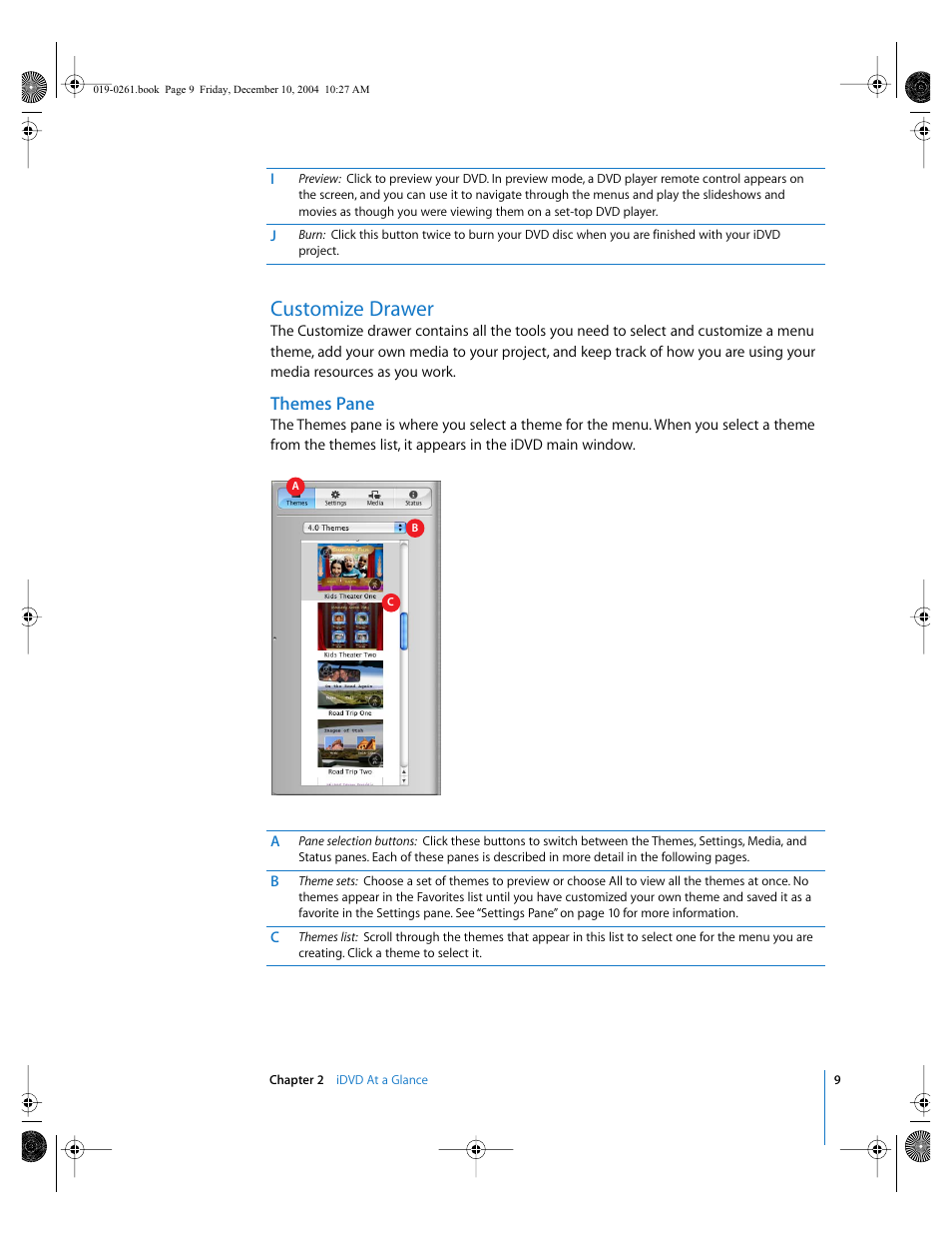 Customize drawer, Themes pane | Apple iDVD 5 User Manual | Page 9 / 38