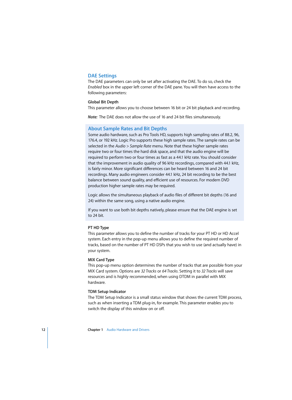 Dae settings, About sample rates and bit depths | Apple Logic Pro 7 (TDM Guide) User Manual | Page 12 / 52