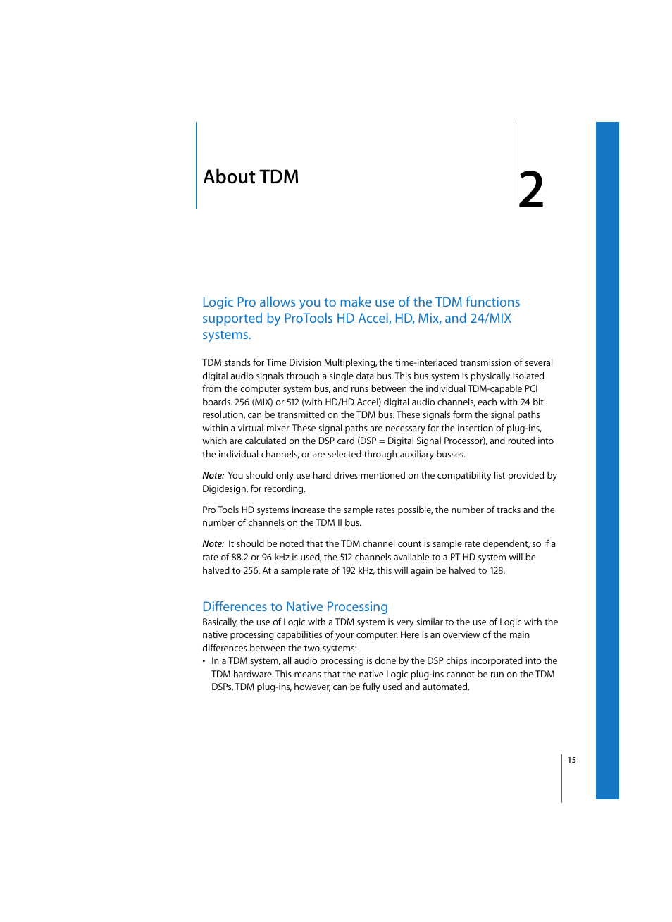 About tdm, Differences to native processing, Chapter | Apple Logic Pro 7 (TDM Guide) User Manual | Page 15 / 52