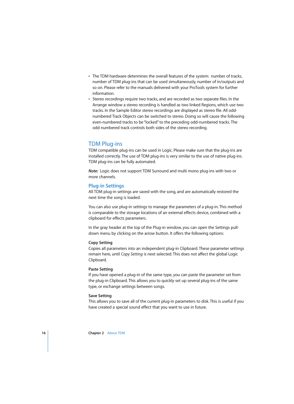 Tdm plug-ins, Plug-in settings | Apple Logic Pro 7 (TDM Guide) User Manual | Page 16 / 52