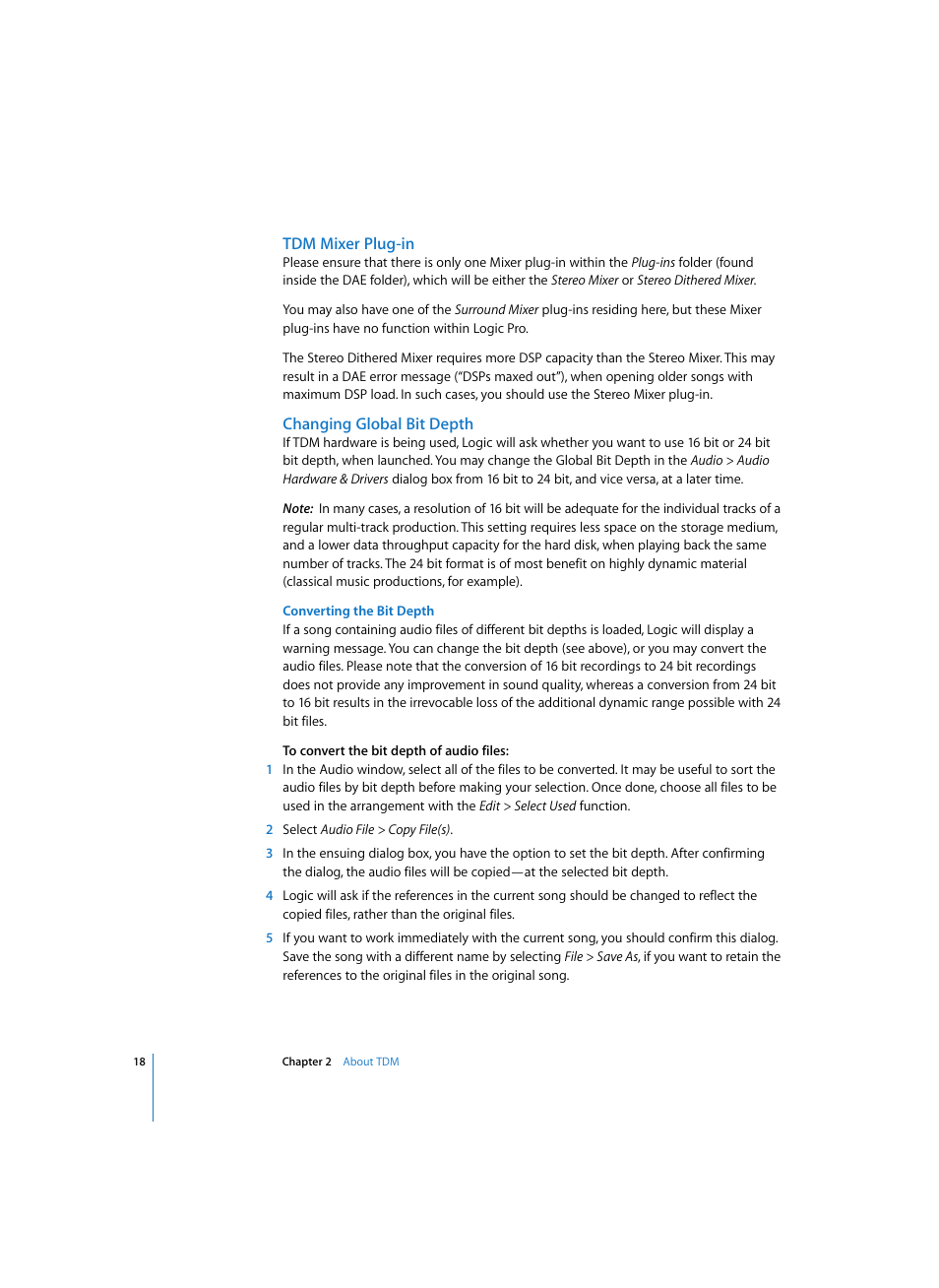 Tdm mixer plug-in, Changing global bit depth, Converting the bit depth | Apple Logic Pro 7 (TDM Guide) User Manual | Page 18 / 52