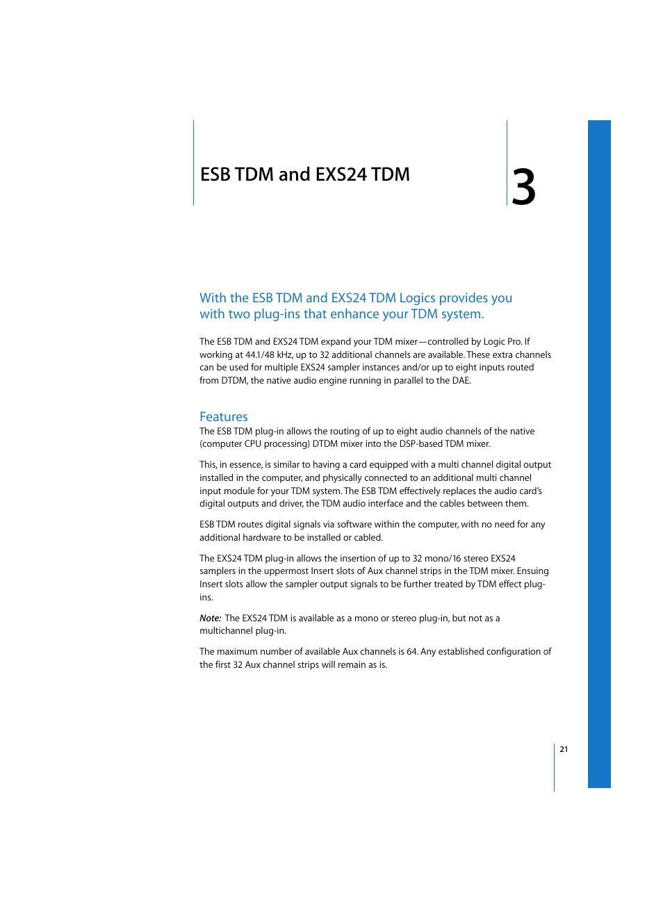 Esb tdm and exs24 tdm, Features, Chapter | Apple Logic Pro 7 (TDM Guide) User Manual | Page 21 / 52