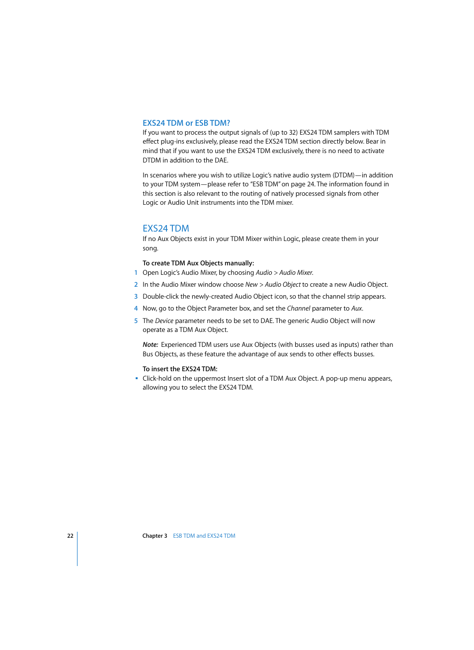 Exs24 tdm or esb tdm, Exs24 tdm | Apple Logic Pro 7 (TDM Guide) User Manual | Page 22 / 52