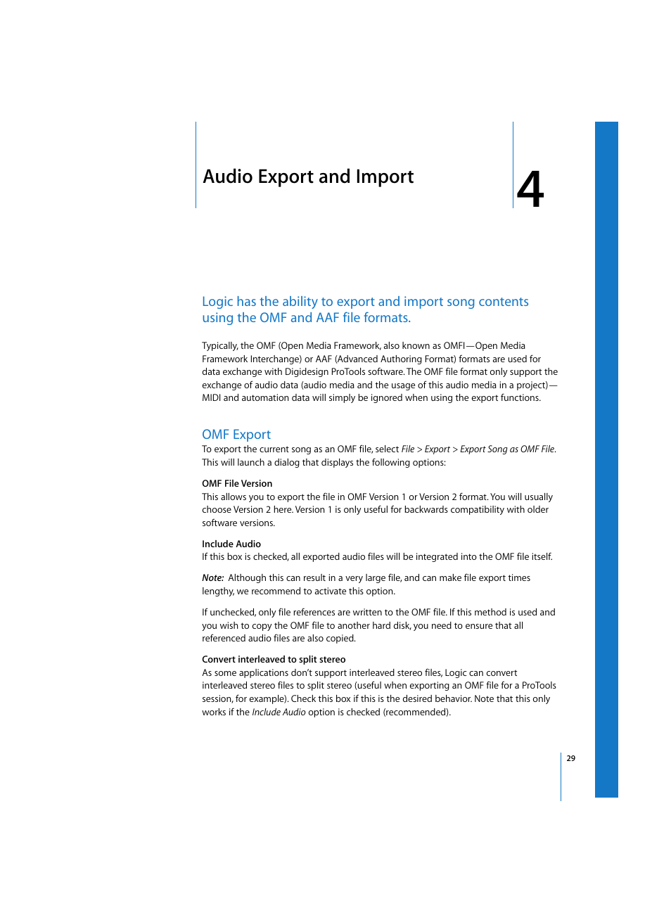 Audio export and import, Omf export, Chapter | Apple Logic Pro 7 (TDM Guide) User Manual | Page 29 / 52