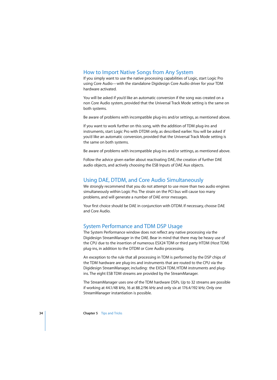 How to import native songs from any system, Using dae, dtdm, and core audio simultaneously, System performance and tdm dsp usage | Apple Logic Pro 7 (TDM Guide) User Manual | Page 34 / 52