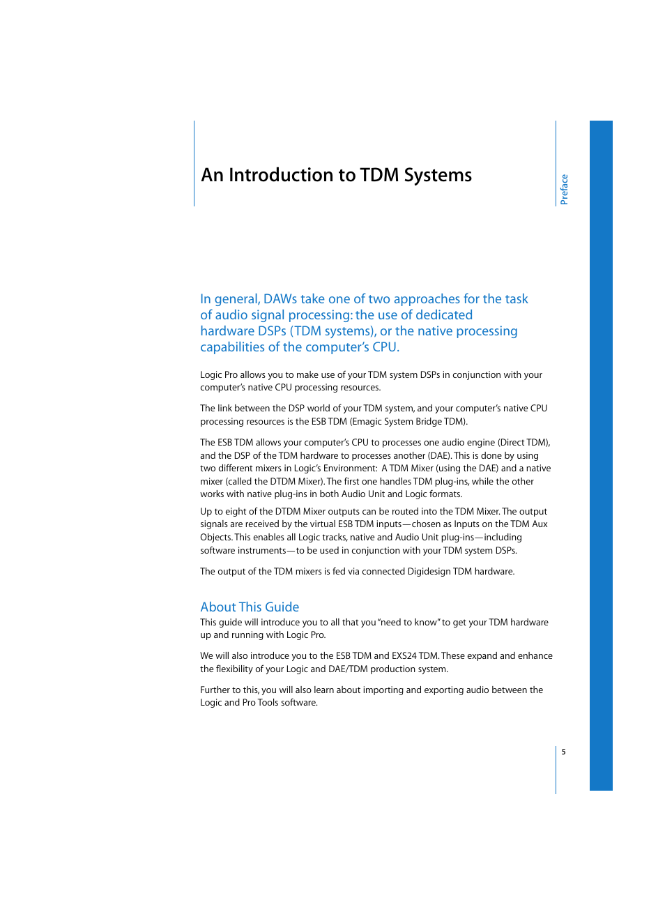 An introduction to tdm systems, About this guide, Preface | Apple Logic Pro 7 (TDM Guide) User Manual | Page 5 / 52