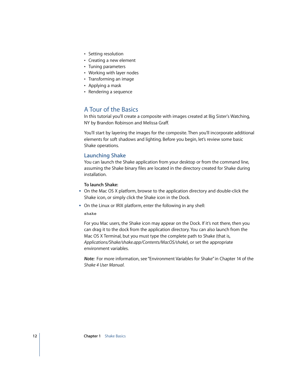 A tour of the basics, Launching shake | Apple Shake 4 Tutorials User Manual | Page 12 / 260