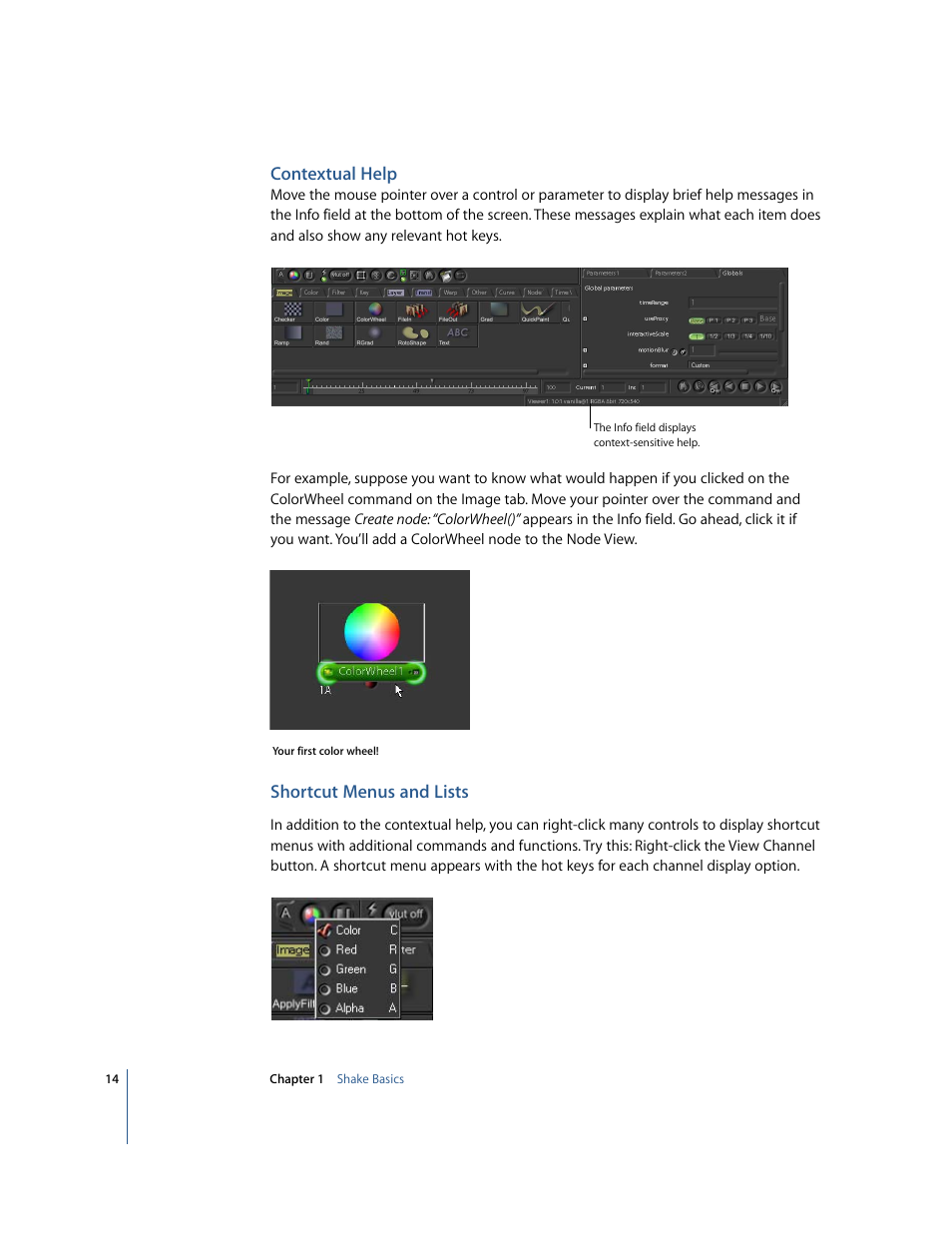Contextual help, Shortcut menus and lists | Apple Shake 4 Tutorials User Manual | Page 14 / 260