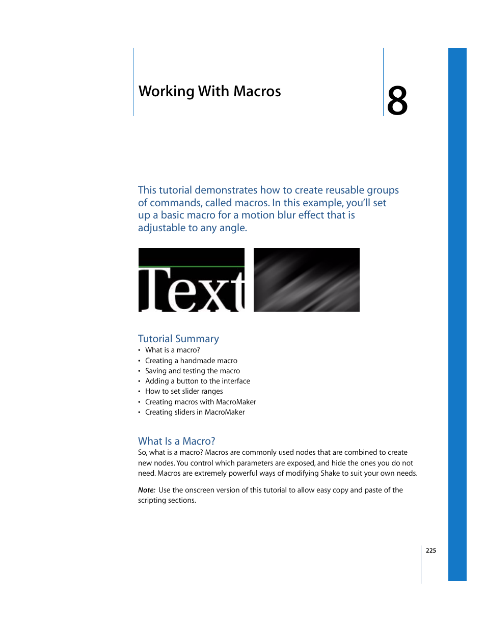 Working with macros, Tutorial summary, What is a macro | This tutorial demonstrates how to create reusable | Apple Shake 4 Tutorials User Manual | Page 225 / 260
