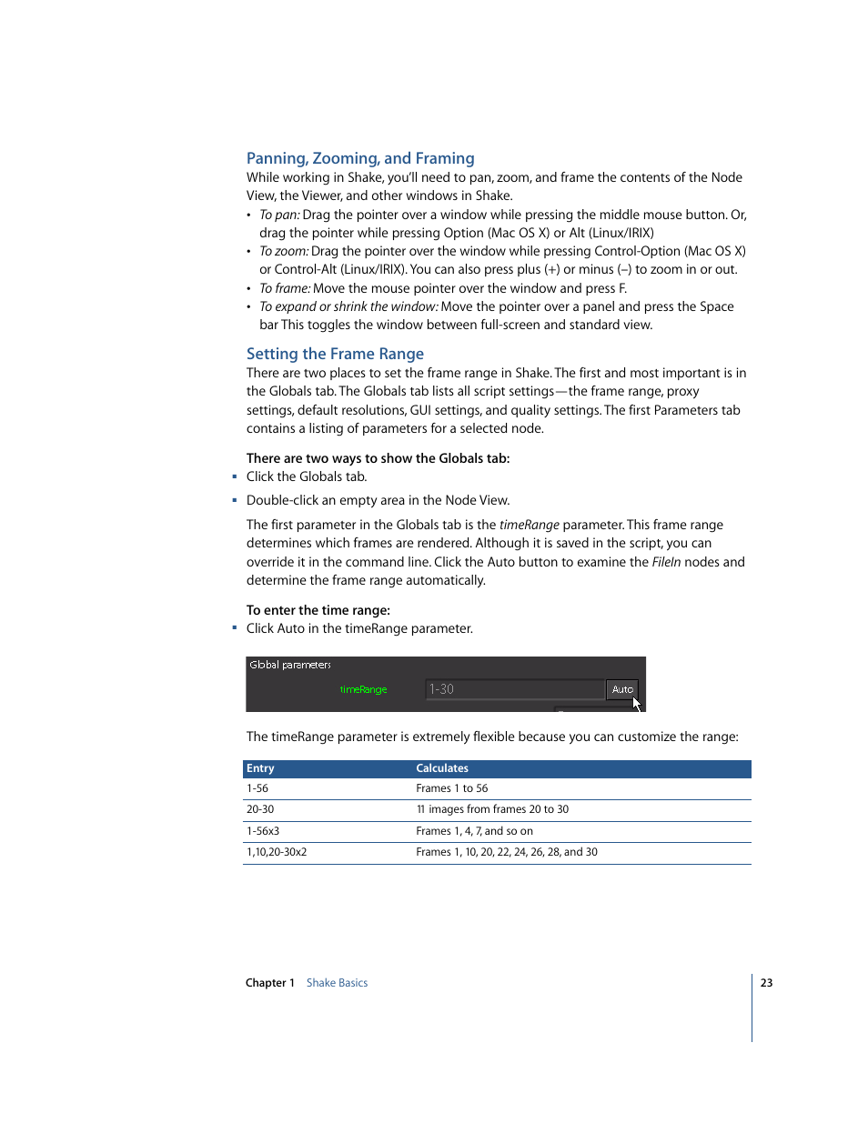 Panning, zooming, and framing, Setting the frame range | Apple Shake 4 Tutorials User Manual | Page 23 / 260