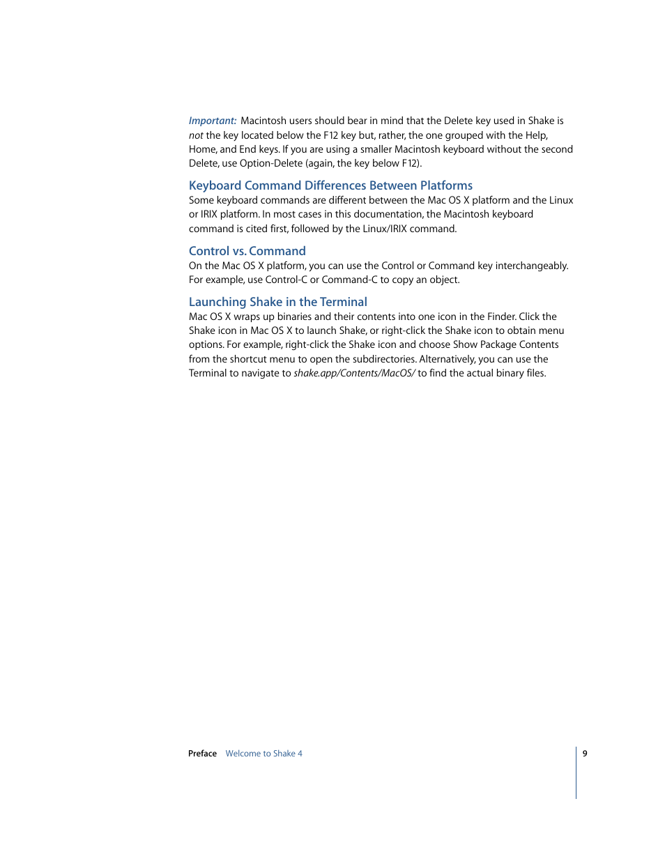 Keyboard command differences between platforms, Control vs. command, Launching shake in the terminal | Apple Shake 4 Tutorials User Manual | Page 9 / 260