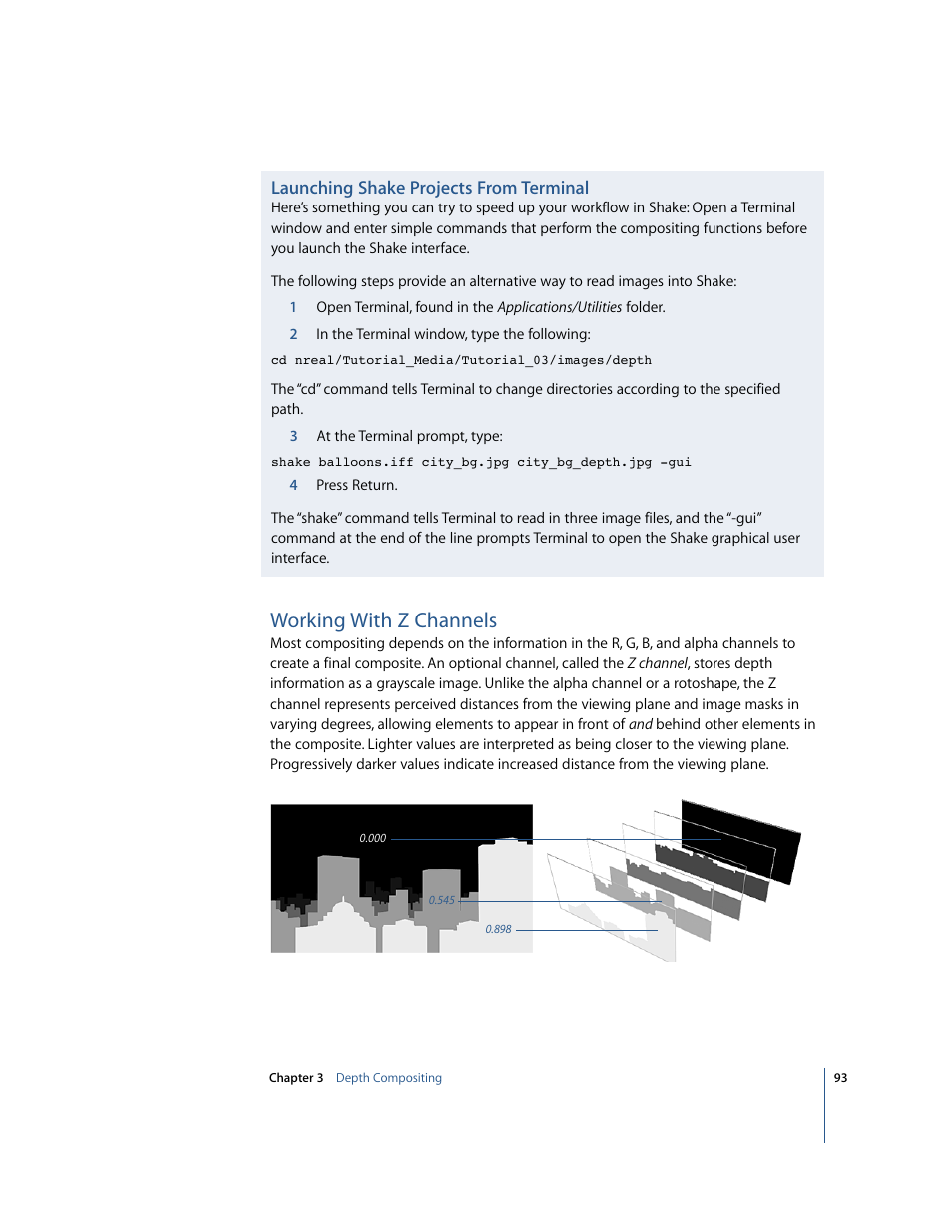 Launching shake projects from terminal, Working with z channels | Apple Shake 4 Tutorials User Manual | Page 93 / 260