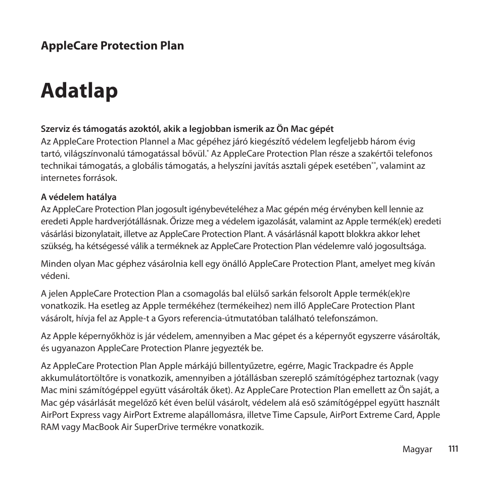 Adatlap, Applecare protection plan | Apple AppleCare Protection Plan for Mac User Manual | Page 111 / 132