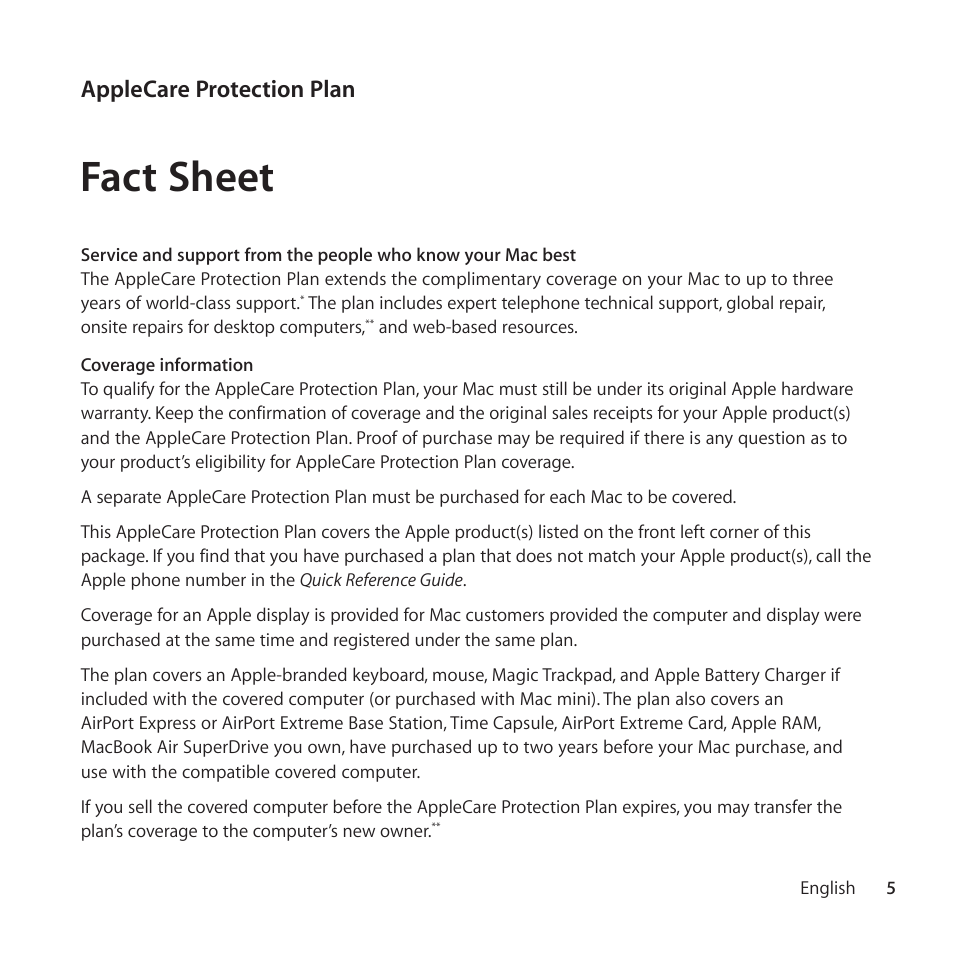 Fact sheet, English, Applecare protection plan | Apple AppleCare Protection Plan for Mac User Manual | Page 5 / 132