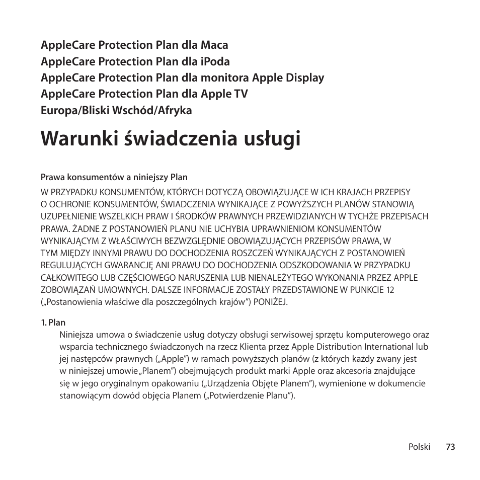 Warunki świadczenia usługi | Apple AppleCare Protection Plan for Mac User Manual | Page 73 / 132