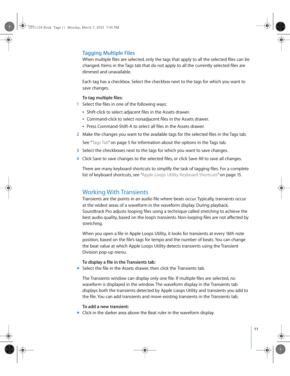 Tagging multiple files, Working with transients | Apple Loops Utility User Manual | Page 11 / 18
