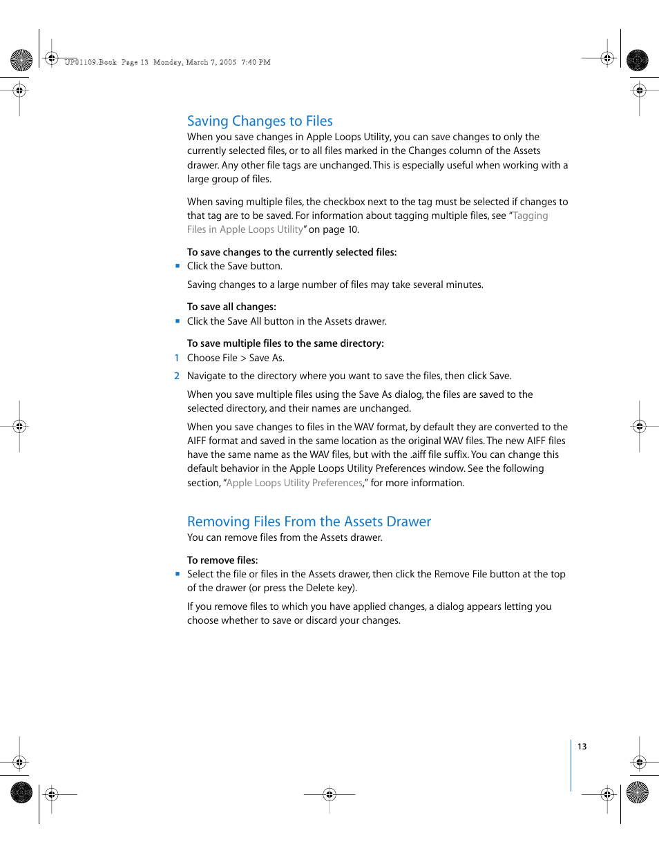 Saving changes to files, Removing files from the assets drawer | Apple Loops Utility User Manual | Page 13 / 18