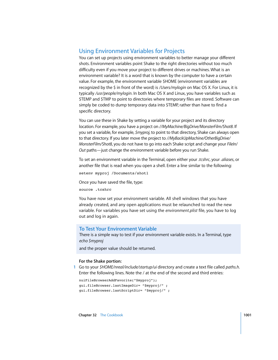 Using environment variables for projects, To test your environment variable | Apple Shake 4 User Manual | Page 1001 / 1054