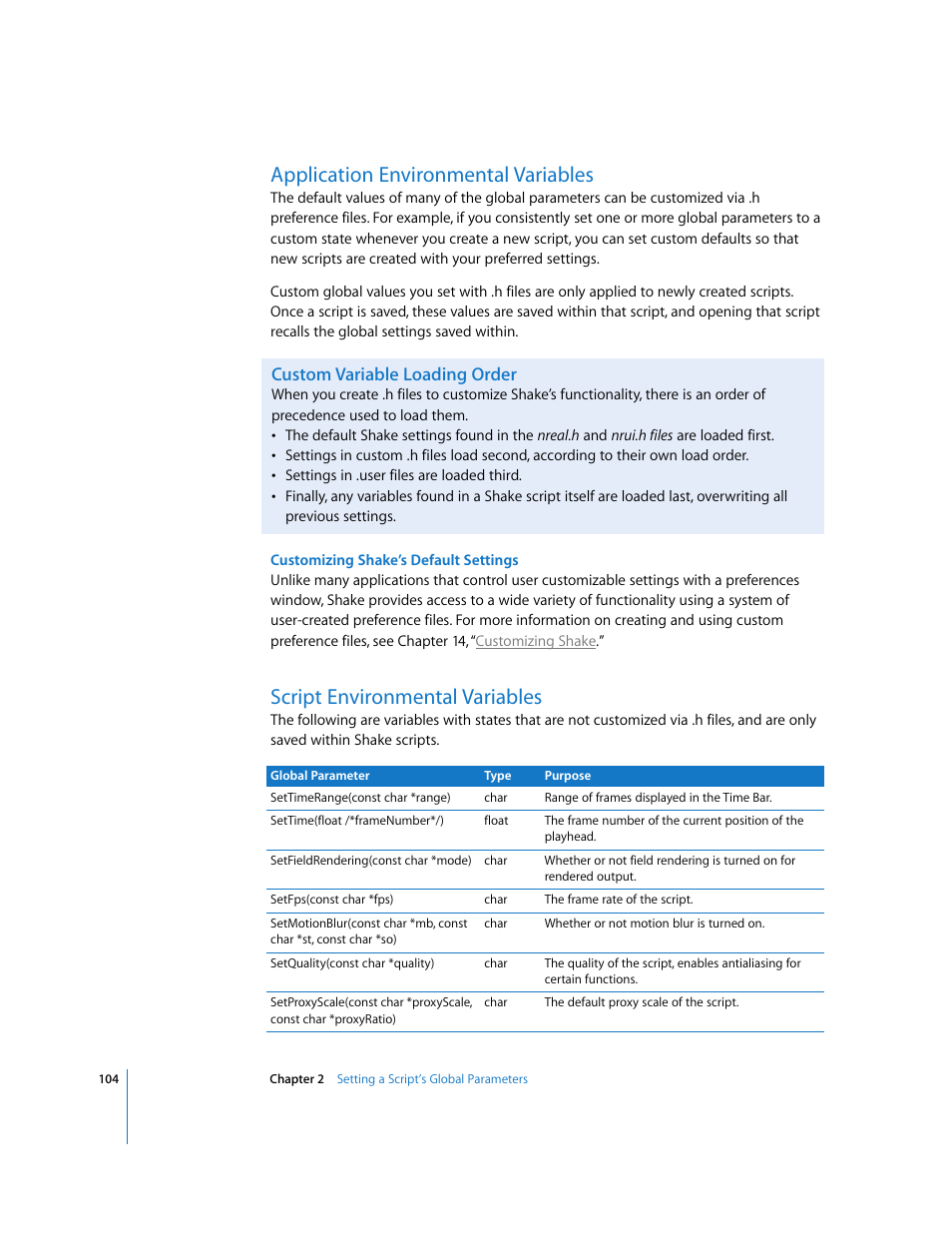 Application environmental variables, Custom variable loading order, Script environmental variables | Apple Shake 4 User Manual | Page 104 / 1054