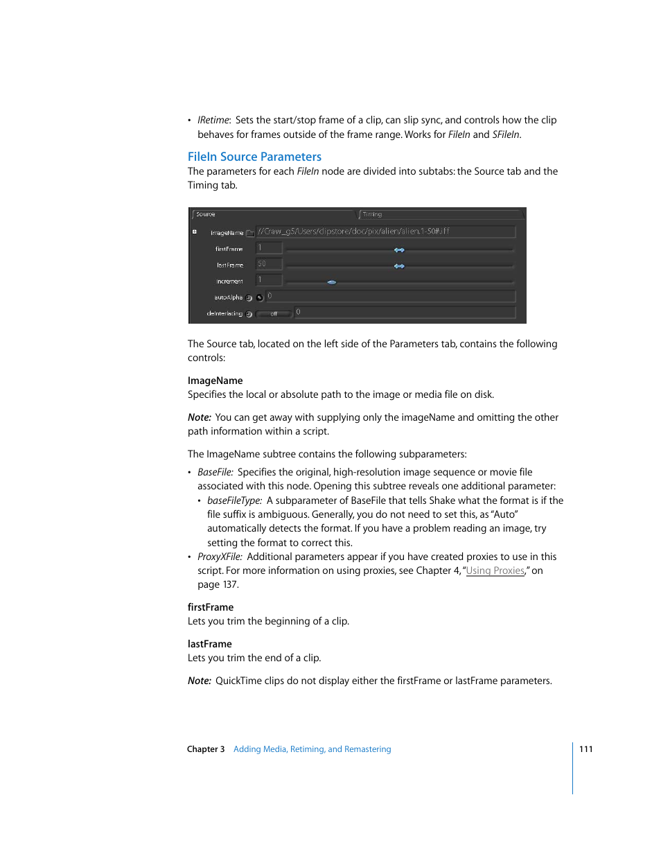 Filein source parameters | Apple Shake 4 User Manual | Page 111 / 1054