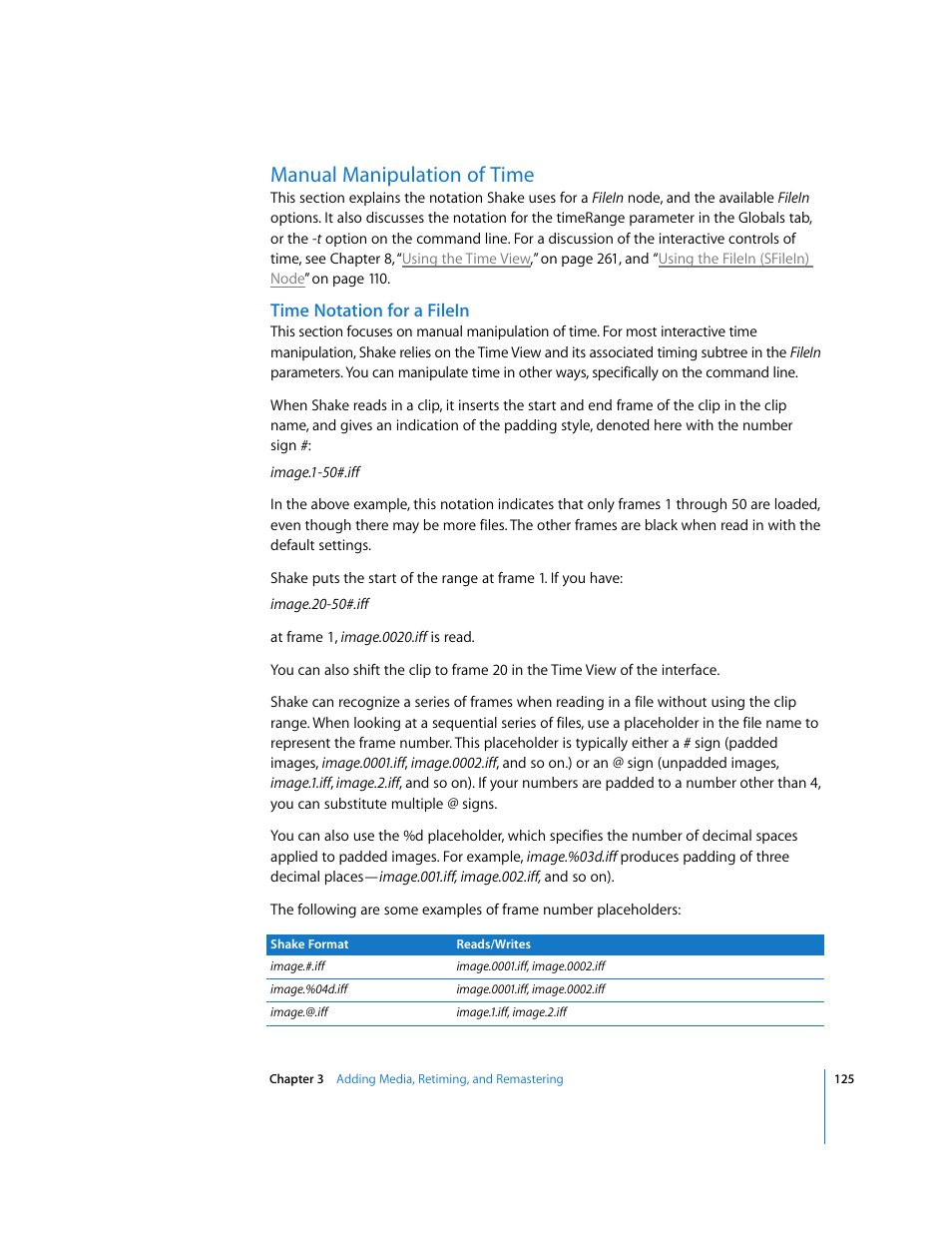 Manual manipulation of time, Time notation for a filein | Apple Shake 4 User Manual | Page 125 / 1054