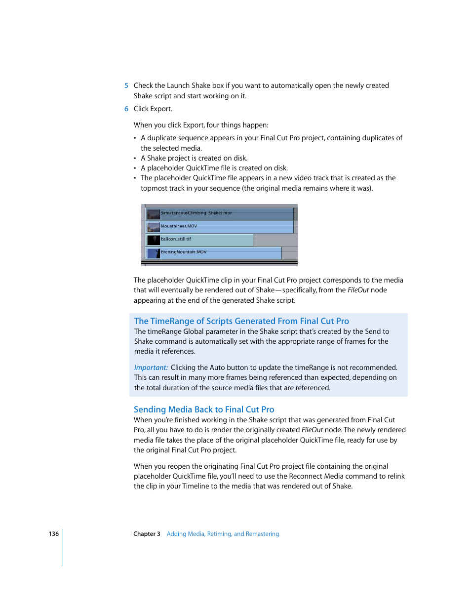 Sending media back to final cut pro | Apple Shake 4 User Manual | Page 136 / 1054
