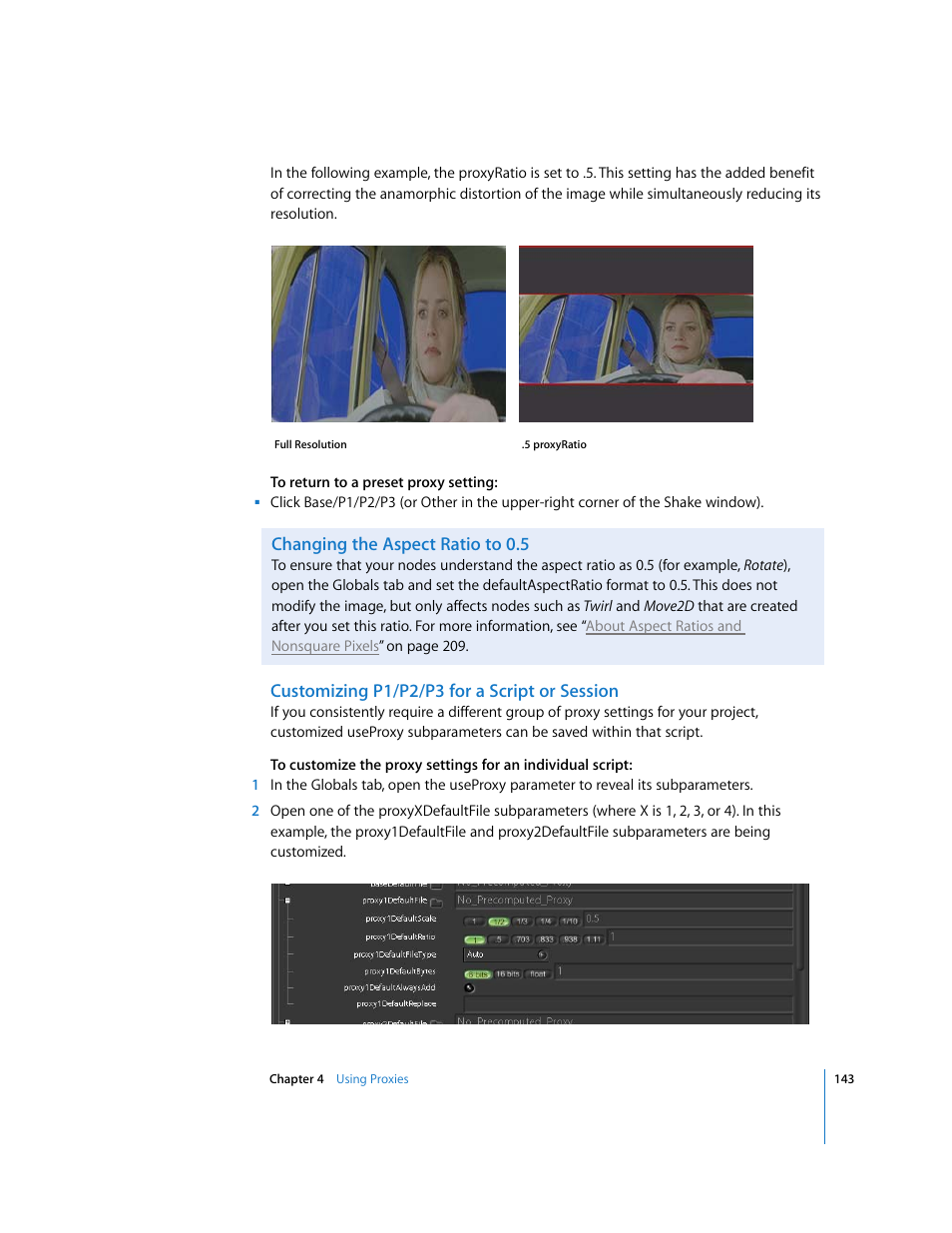 Changing the aspect ratio to 0.5, Customizing p1/p2/p3 for a script or session | Apple Shake 4 User Manual | Page 143 / 1054