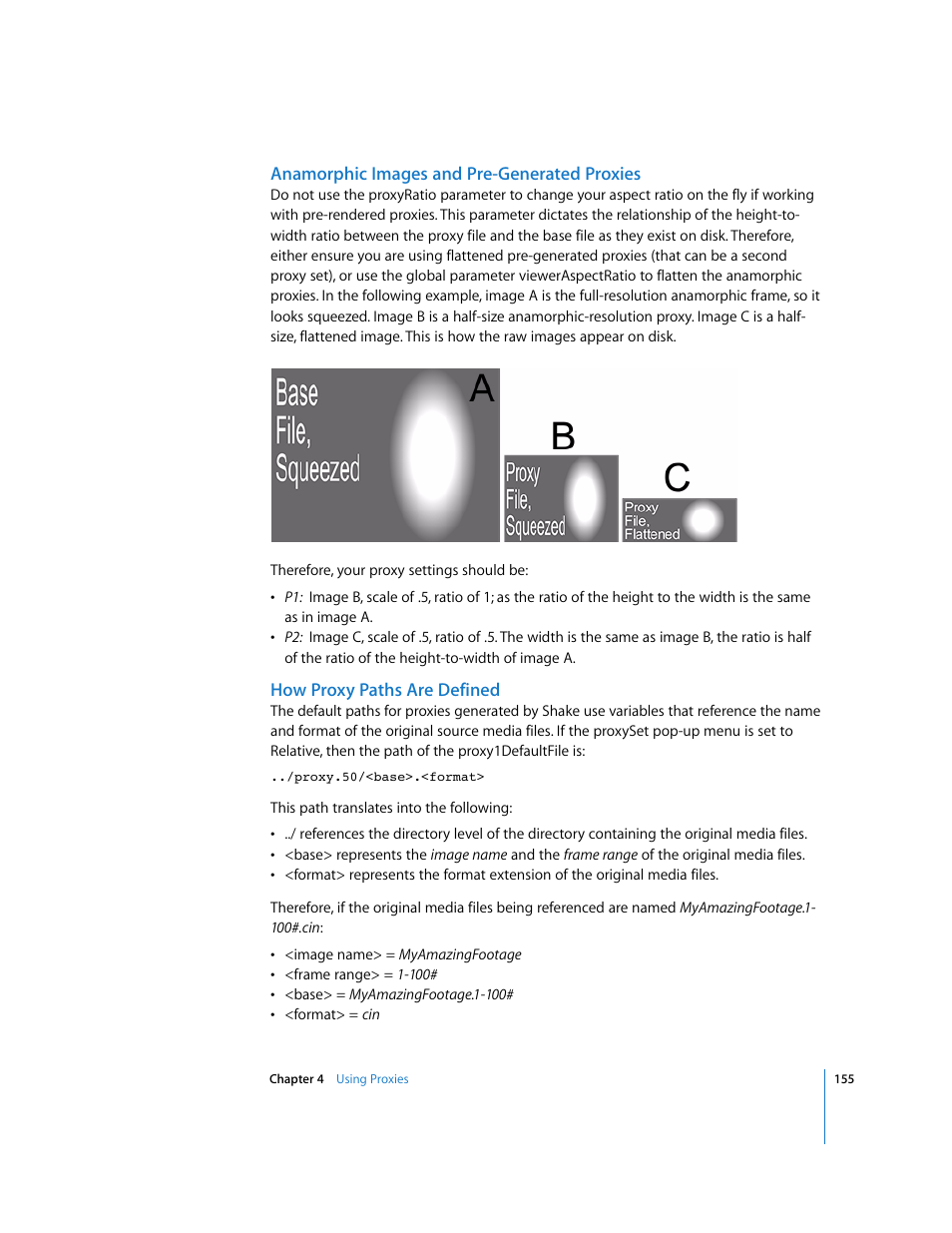 Anamorphic images and pre-generated proxies, How proxy paths are defined, Anamorphic images and pre | Generated proxies, How proxy paths, Are defined | Apple Shake 4 User Manual | Page 155 / 1054