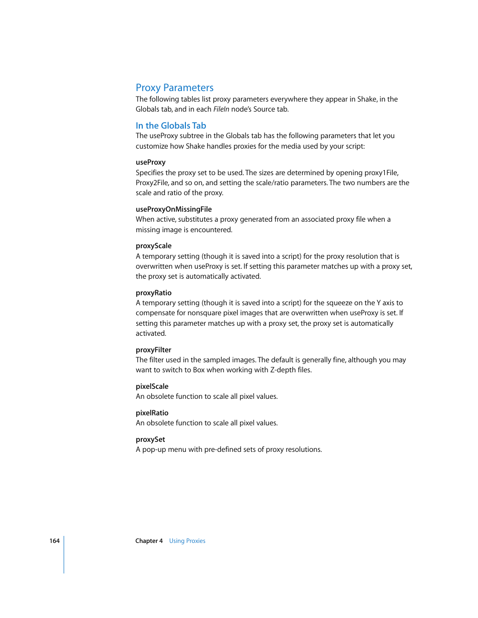 Proxy parameters, In the globals tab | Apple Shake 4 User Manual | Page 164 / 1054