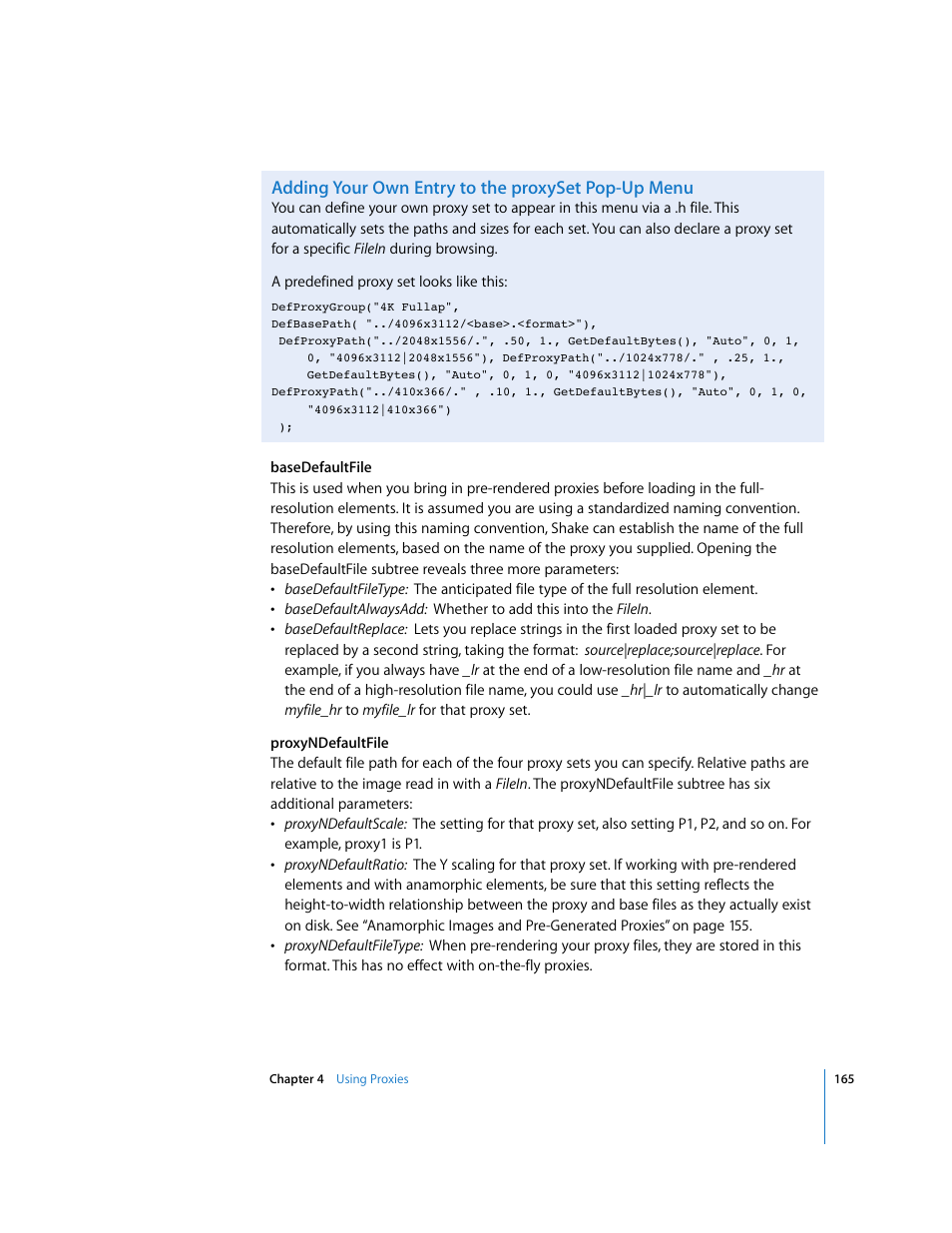 Adding your own entry to the proxyset pop-up menu | Apple Shake 4 User Manual | Page 165 / 1054