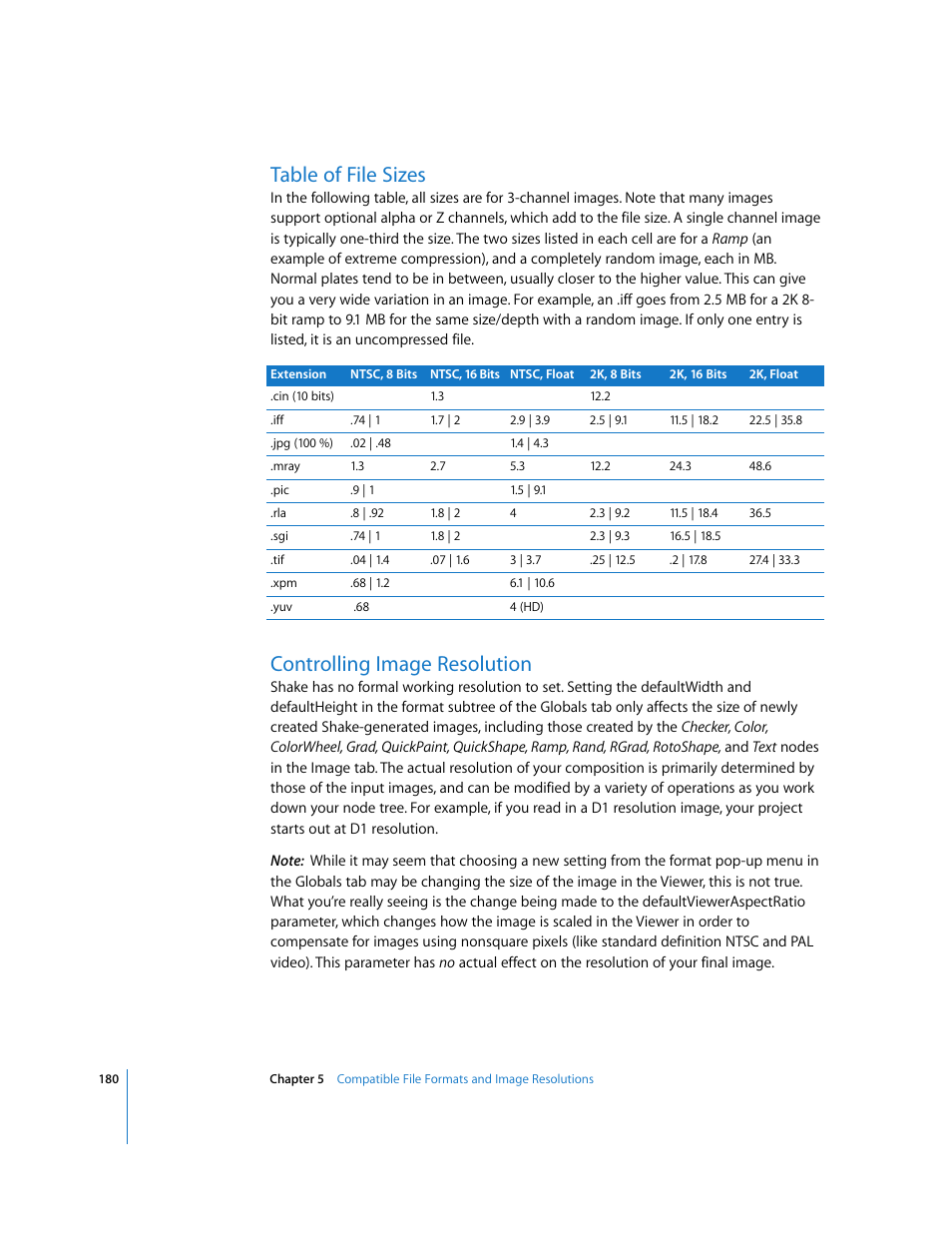 Table of file sizes, Controlling image resolution | Apple Shake 4 User Manual | Page 180 / 1054