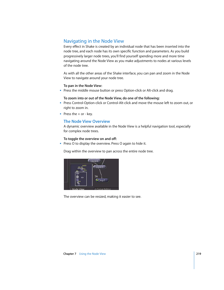 Navigating in the node view, The node view overview | Apple Shake 4 User Manual | Page 219 / 1054