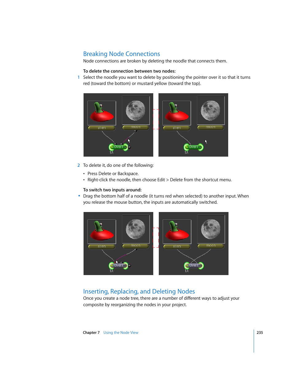 Breaking node connections, Inserting, replacing, and deleting nodes | Apple Shake 4 User Manual | Page 235 / 1054