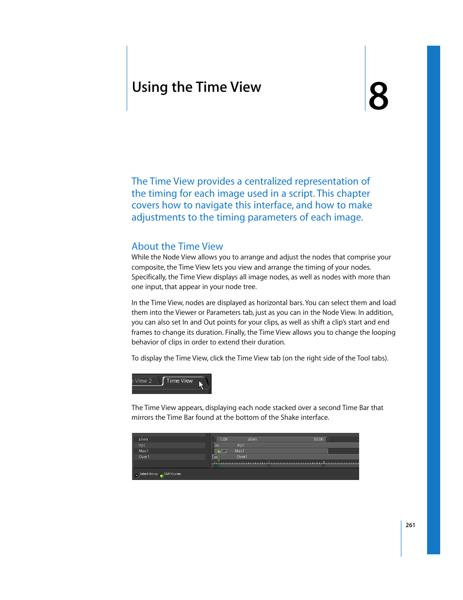 Using the time view, About the time view, Chapter | Chapter 8, See chapter 8 | Apple Shake 4 User Manual | Page 261 / 1054