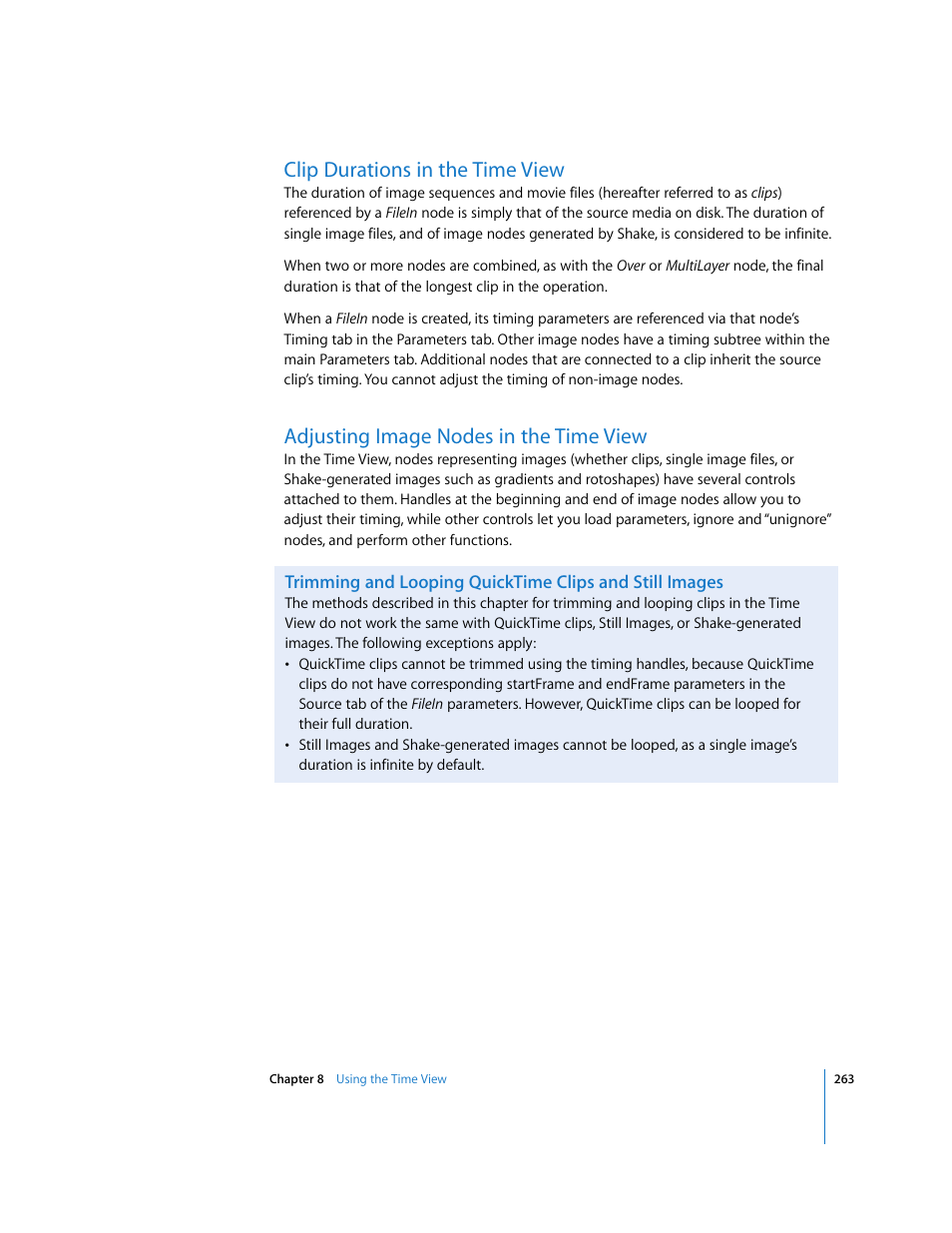 Clip durations in the time view, Adjusting image nodes in the time view | Apple Shake 4 User Manual | Page 263 / 1054