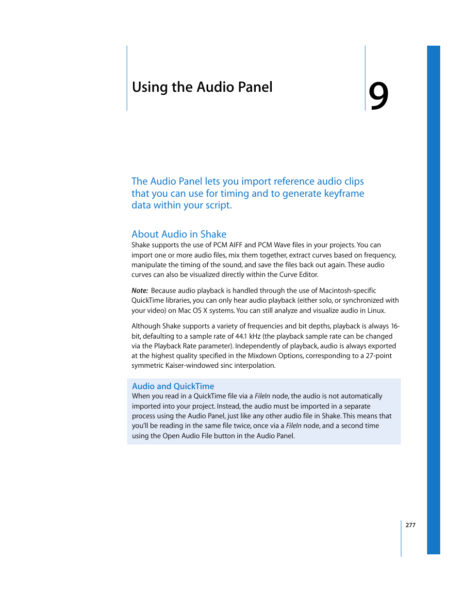 Using the audio panel, About audio in shake, Audio and quicktime | Chapter, Chapter 9, See chapter 9 | Apple Shake 4 User Manual | Page 277 / 1054