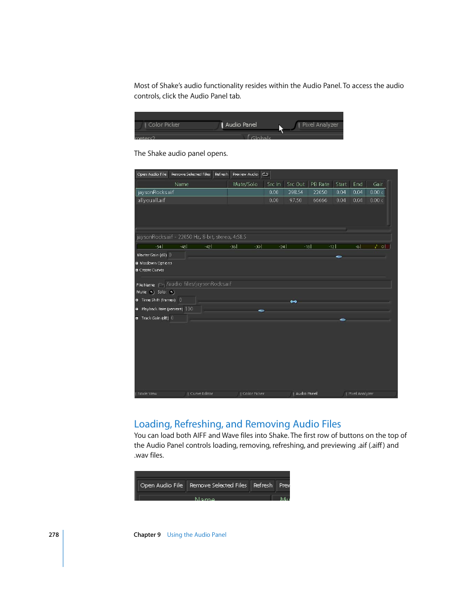 Loading, refreshing, and removing audio files | Apple Shake 4 User Manual | Page 278 / 1054