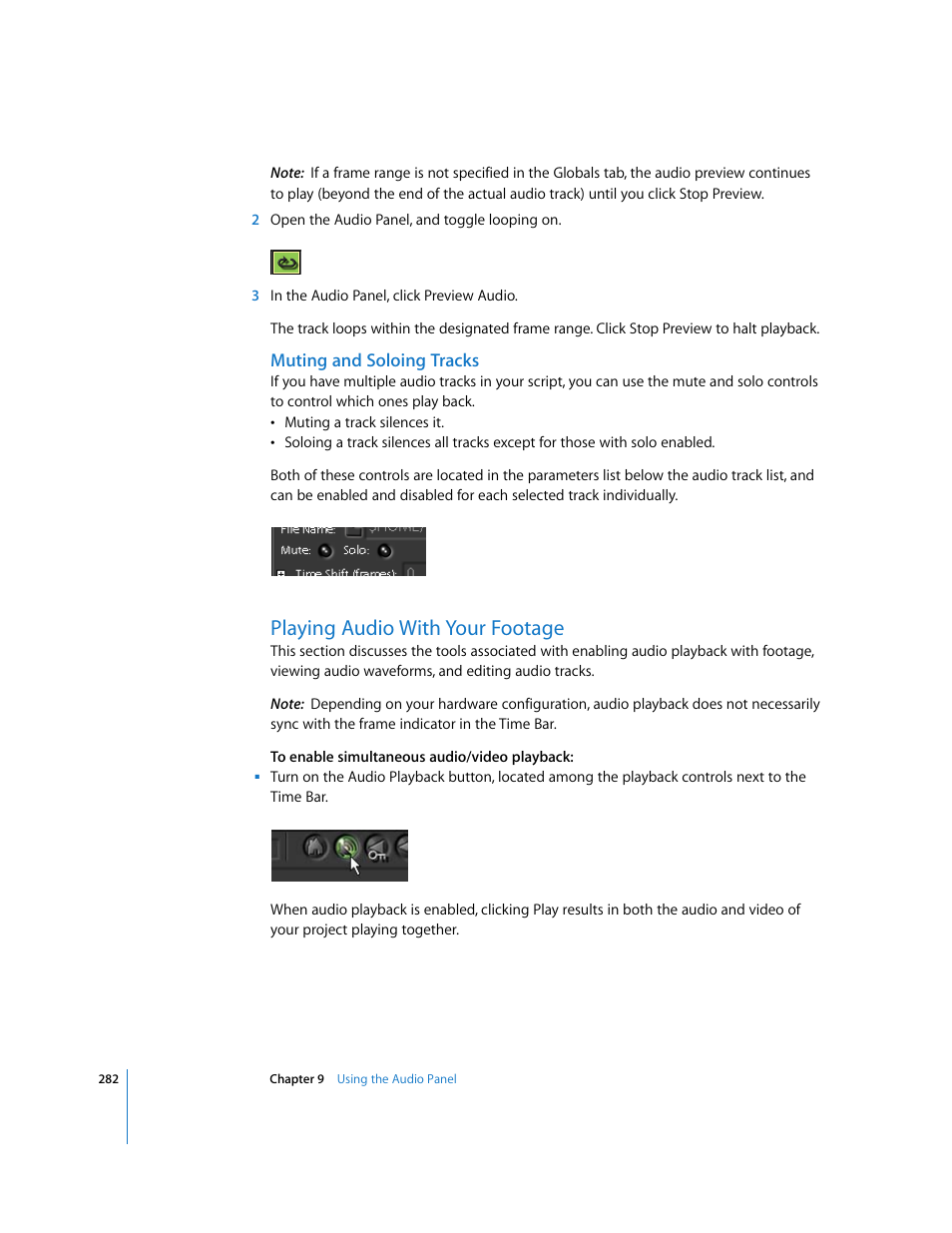 Muting and soloing tracks, Playing audio with your footage | Apple Shake 4 User Manual | Page 282 / 1054