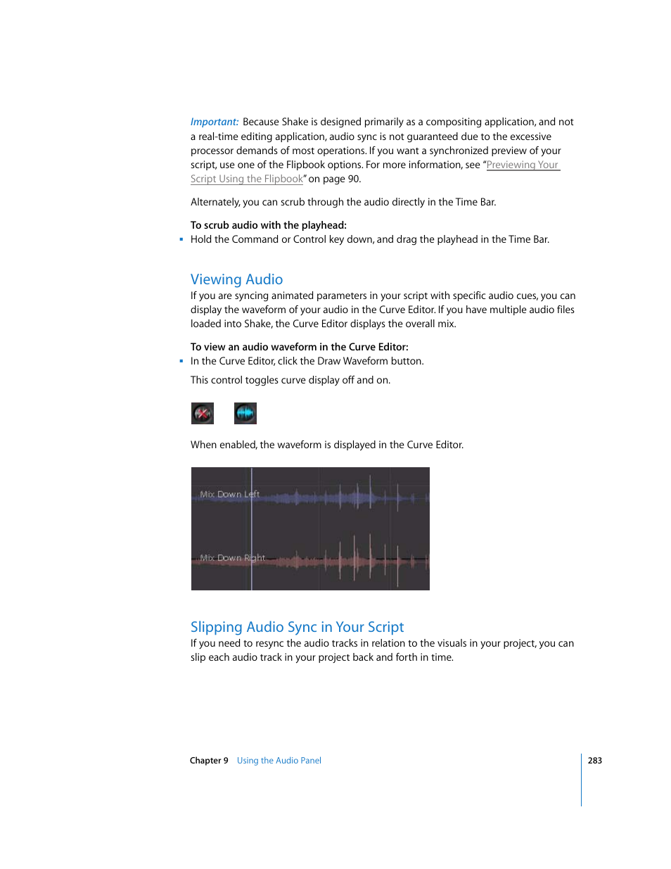 Viewing audio, Slipping audio sync in your script | Apple Shake 4 User Manual | Page 283 / 1054